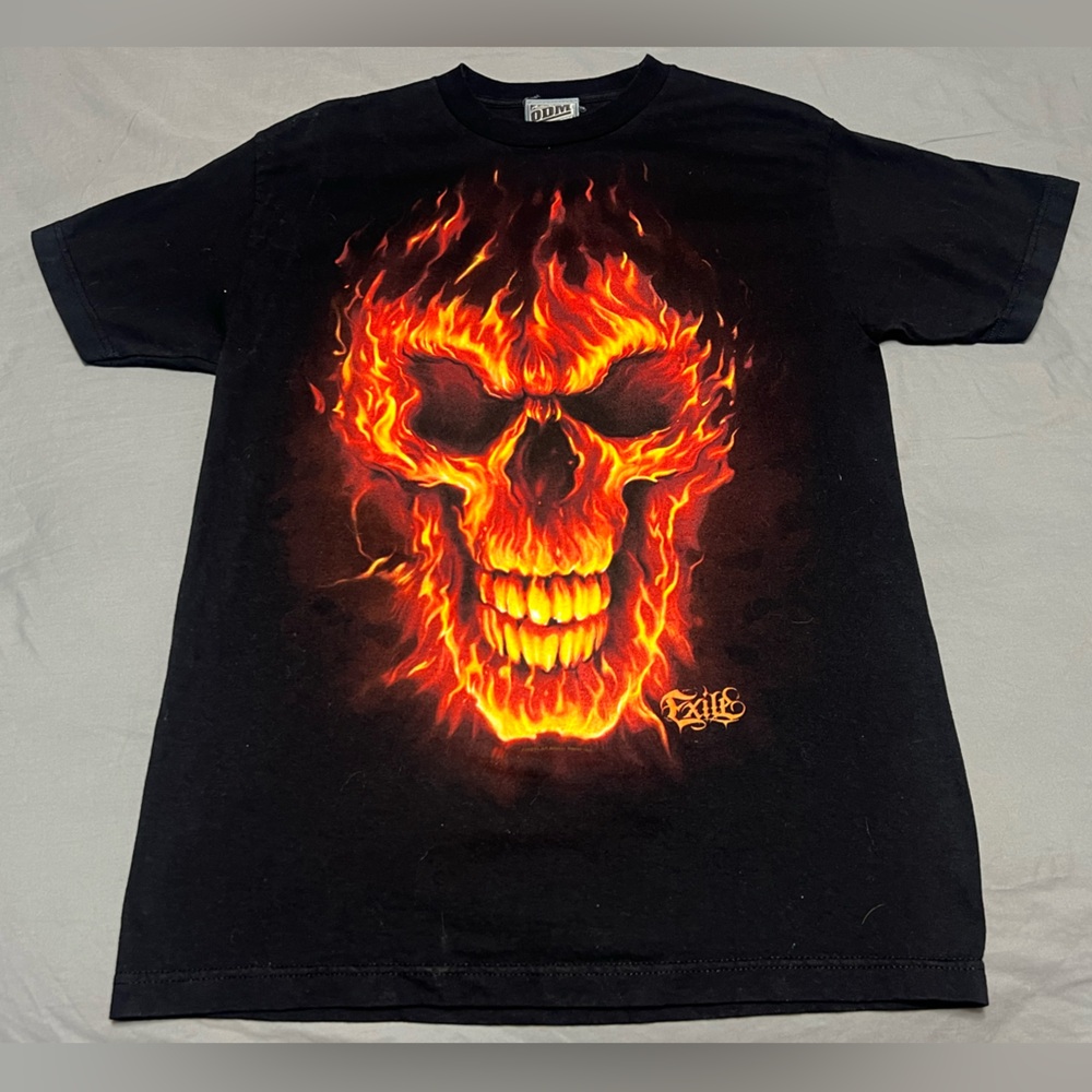 Vintage Y2K ODM Flames Skull Skeleton T-Shirt Size Medium CLEAN